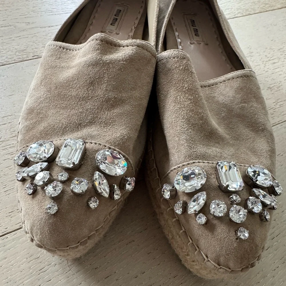 Miu Miu Beige Nubuck Embellished Platform Espadrilles 41/ 10.5